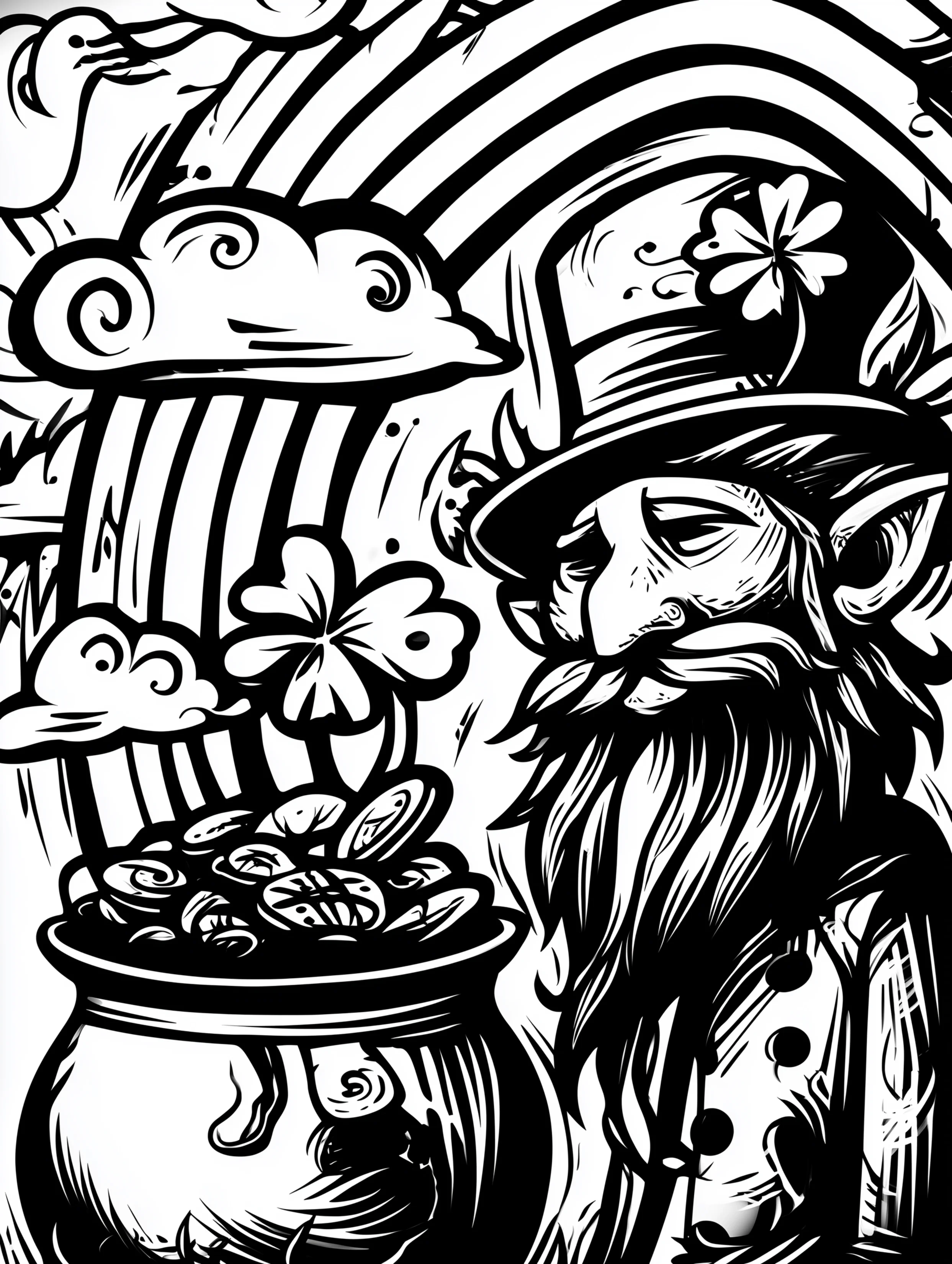 Free printable St Patricks Day coloring page for adults featuring a leprechaun with a pot of gold and rainbow